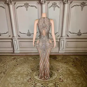 Elegant backless mesh gown with silver rhinestones, floor-length dress for party events.