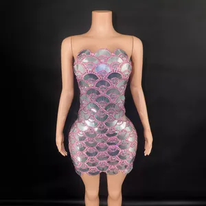 Sequined Rhinestone Bodycon Mini Dress Women Strapless Backless Scalloped Pattern Cocktail Party Nightclub Party Dress