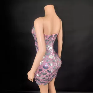 Elegant sparkling silver and pink sequined backless mini dress for cocktail parties