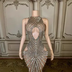 Stunning sexy rhinestone mesh evening gown with elegant cutouts for gala and parties.