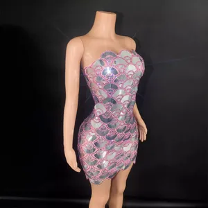 Elegant backless mini dress with shiny silver round sequins for cocktail parties