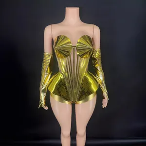 Robe Combinaison Miroir Dorée pour Femmes Avec Manches Métallique Polyester Tenue de Scène Top And Bottom Clubwear