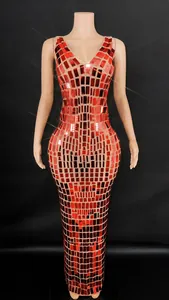 Front view detail of a stunning red mirror-sequin bodycon evening dress for parties