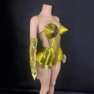 Body de scène miroir doré futuriste avec buste conique et manches assorties