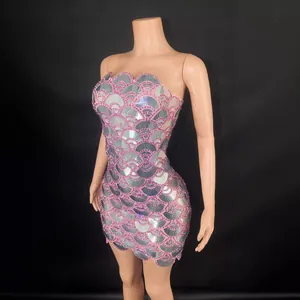 Elegant pink mini dress with silver sequin scales for cocktail parties and nightclub nights