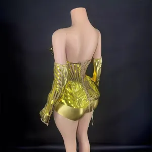 Body miroir doré métallique avec manches pour les soirées de scène et de boîte de nuit