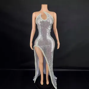 Women Sexy Sequin Halter Neck Backless Long Dress Slim Fit High Slit Sleeveless Evening Party Bodycon Maxi Dress