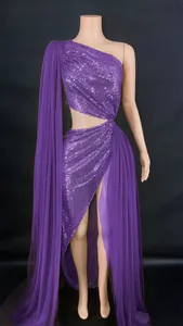 Purple one-shoulder sequin evening dress with waist cutout and high slit design