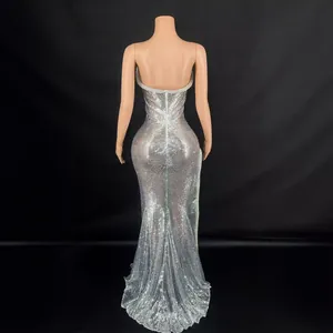 Sparkling silver sequined backless tube top long evening dress for women