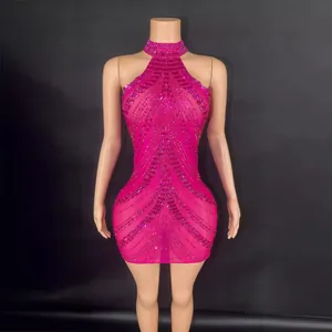 Women Halter Neck Rhinestone Bodycon Dress Polyester Sexy Sheer Mesh Stage Performance Mini Dress Top And Bottom Party Clubwear