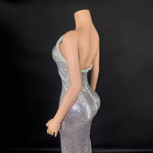 Elegant sexy backless silver sequin long evening dress with a slim fit silhouette