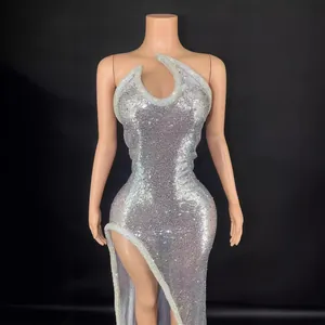 Sexy silver sequin backless sleeveless slim fit long dress with a high side slit