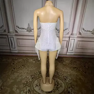 White pearl encrusted bodysuit with backless design and pearl tassel details for stage
