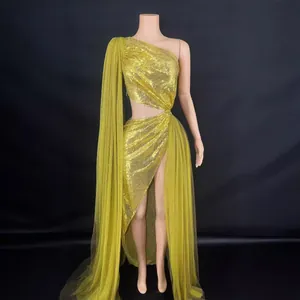 Women One Shoulder Backless Sleeveless Sequin Hollow Out Split Long Evening Dress Elegant Banquet Party Sexy Maxi Dress Top And Bottom
