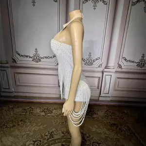 Sexy white pearl beaded bodysuit for stage performance and nightclub dance catwalk events