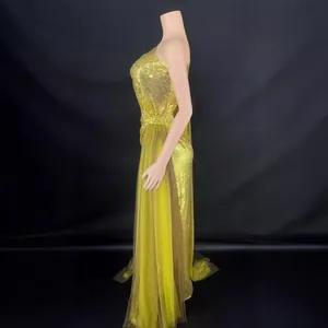 Elegant gold sequin one-shoulder evening dress with sexy side cutout and mesh overlay