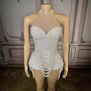 Stunning pearl-studded halter bodysuit with sparkling fringe for stage performances