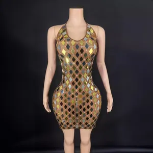 Dames Halter Neck Pailletten Spiegel Mini Jurk Rhombus Strass Party Bodycon Jurk Sexy Clubwear Zanger Podium Performance Jurk