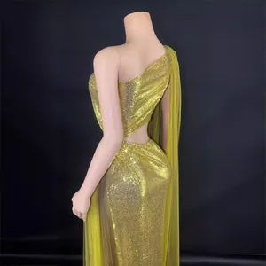 Elegant one-shoulder gold sequin backless maxi evening gown with slim fit silhouette