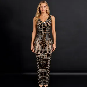 Women's Slim Fit Sequin Evening Dress Elegant V-Neck Sleeveless Maxi Dress For Party Banquet Annual Meeting Dress