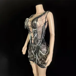 Sexy black mesh mini dress with chains, backless and sleeveless beaded clubwear