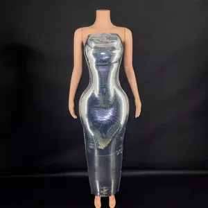 Damen Sexy Glänzend Silber Metallic Langes Kleid Schulterfrei Bodycon Meerjungfrau Partykleid Elegant Bankett Abendkleid Polyester Vestido