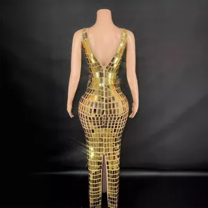 Elegant gold mirrored sequin floor-length evening dress with V-back design for parties.