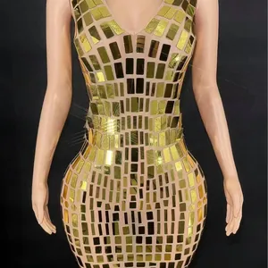 Elegant gold mirrored sequin bodycon evening dress for party, gala and clubwear