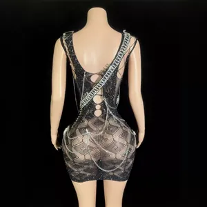 Sexy black mesh backless mini dress decorated with rhinestone chains for party clubwear