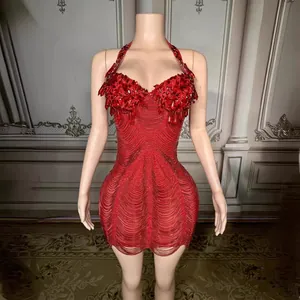 Women Luxury Halter V-Neck Rhinestone Beaded Mini Dress Elegant Wave Tassel Bodycon Party Top And Bottom