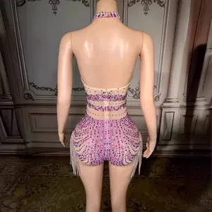 Funkelnder rosa Strass-Halter-Body mit rückenfreiem Design und feinen Silberfransen