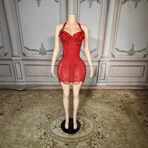 Elegant red halter neck beaded rhinestone mini dress with fringe detailing for parties