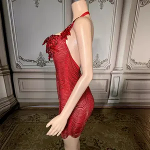 Elegant sleeveless red rhinestone fringe mini dress for cocktail parties and evening events