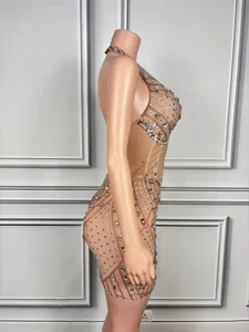 Zijaanzicht van een elegante nude mesh mini-jurk met fonkelende strass en baleinen
