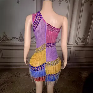 Colorful one-shoulder mini dress featuring heart rhinestones and sparkly silver fringe