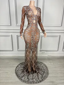 Detailed view of sparkling silver rhinestones on sheer brown mesh long-sleeved evening gown.