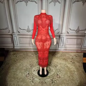 Polyester Strass Quasten Abendkleid Halbstehkragen Bodycon Langarm Bodenlang Elegant Party Kleid Für Damen