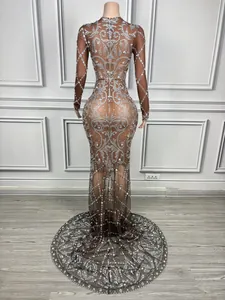 Back view of elegant brown mesh evening gown with intricate rhinestone patterns and long sleeves.