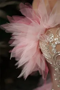 Dettaglio di un abito francese in rete rosa con volant e ricami di perline d'argento