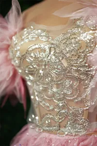 Primo piano dettagliato del ricamo di perline d'argento sul corpetto di rete rosa elegante