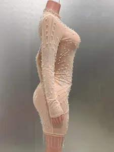 Seitenansicht des sexy hautfarbenen Minikleids mit Perlen und Fransenbesatz