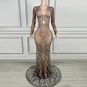 Elegant V-Neck Long Sleeve Rhinestone Floor-Length Evening Dress For Women Sexy See-Through Mesh Formal Banquet Party Gown