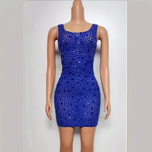 Elegant royal blue rhinestone studded sleeveless bodycon mini dress shown on a mannequin.