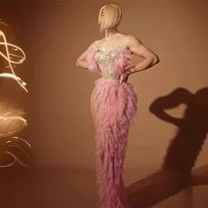 Abito Lungo da Donna Rosa Francese con Spalle Scoperte Paillettes Corsetto a Stecche Rete a Sirena Spacco Alto Matrimonio Vestito da Sera