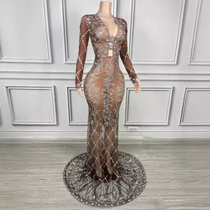 Elegant V-neck long sleeve rhinestone floor-length evening gown for special parties