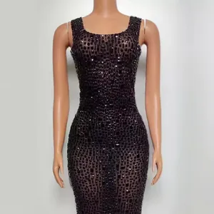 Sleeveless black rhinestone bodycon mini dress with sheer mesh fabric for party wear
