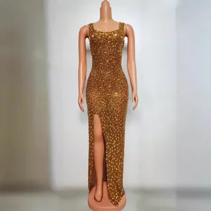 Women Luxurious Rhinestone Halter Backless Evening Dress Elegant Slim Fit Split Maxi Gown For Banquet Party Wedding
