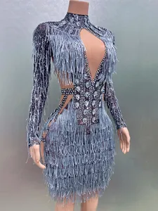 Dettaglio di un vestito da palcoscenico argento con strass frange e ritagli sexy e paillettes