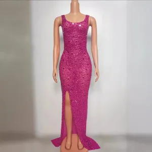 Elegant pink rhinestone evening gown with high slit and slim fit silhouette for party