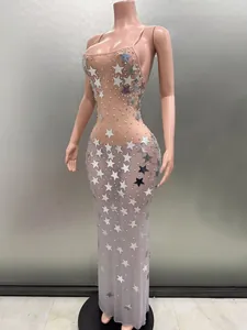 Sleeveless backless V-neck evening dress with silver star sequins and mesh detail